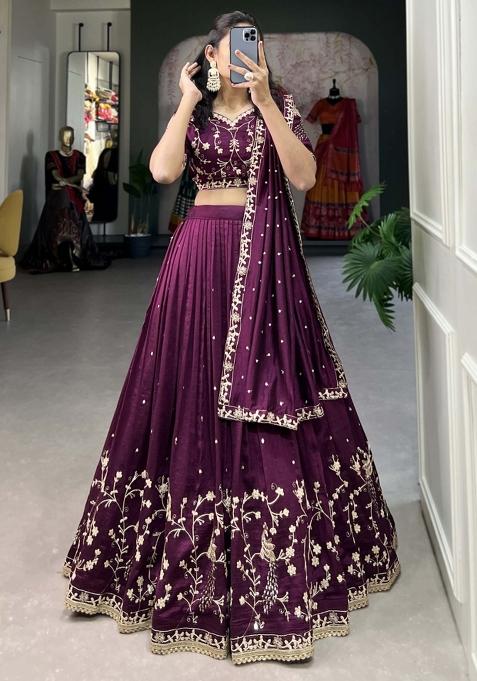 Wine Embroiderd Silk Lehenga Set