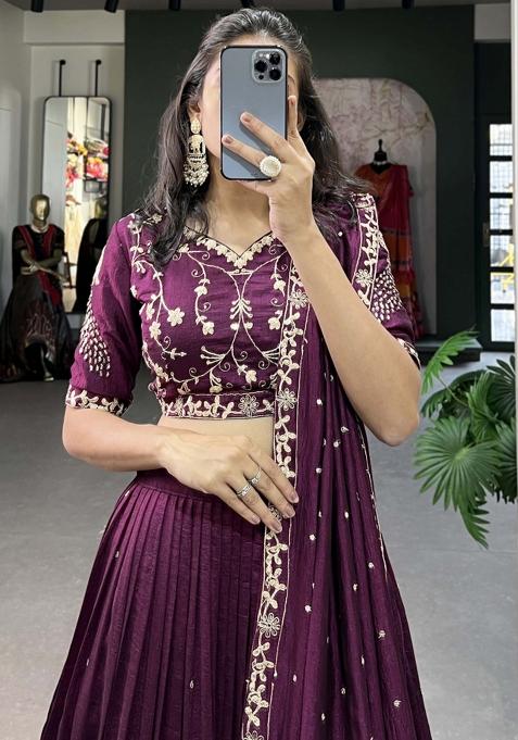 Wine Embroiderd Silk Lehenga Set