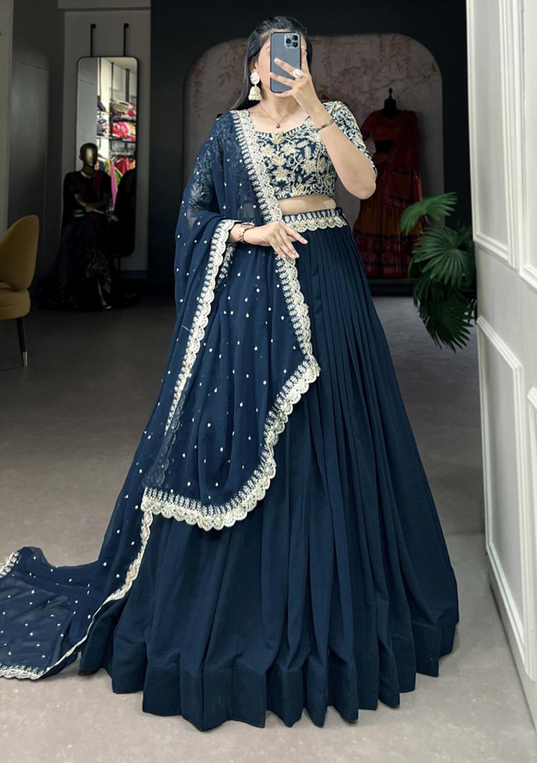 Blue Embroiderd Georgette Lehenga Set - Indya