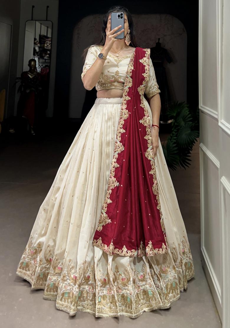 White Embroiderd Silk Lehenga Set - Indya