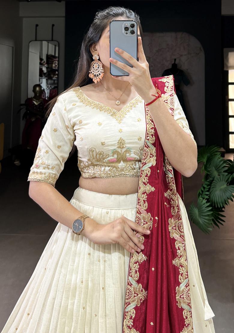 White Embroiderd Silk Lehenga Set - Indya