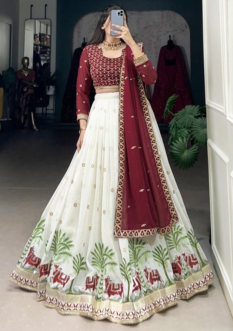 White Embroiderd Georgette Lehenga Set - Indya
