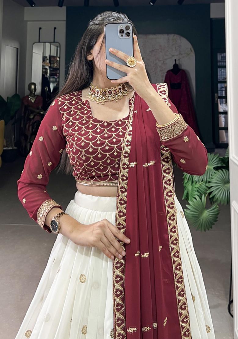 White Embroiderd Georgette Lehenga Set - Indya