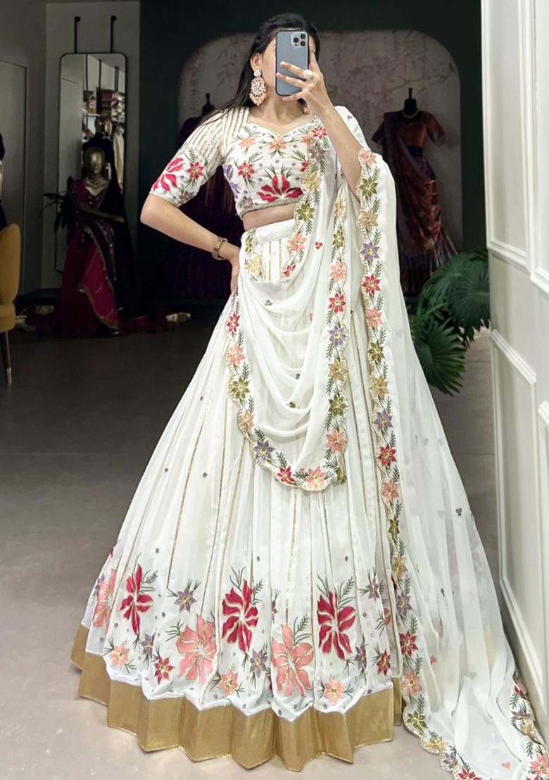 White Embroiderd Georgette Lehenga Set - Indya