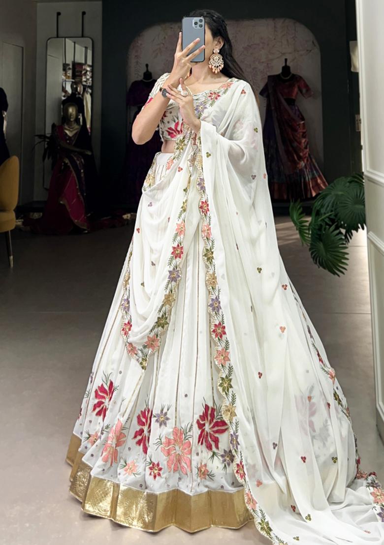 White Embroiderd Georgette Lehenga Set