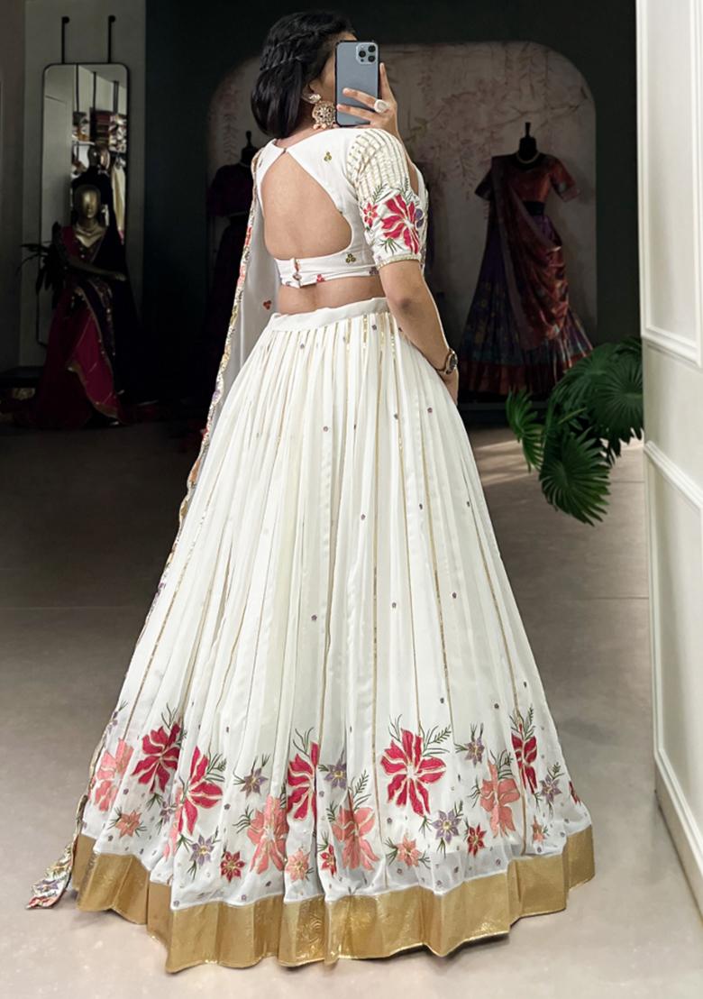 White Embroiderd Georgette Lehenga Set - Indya
