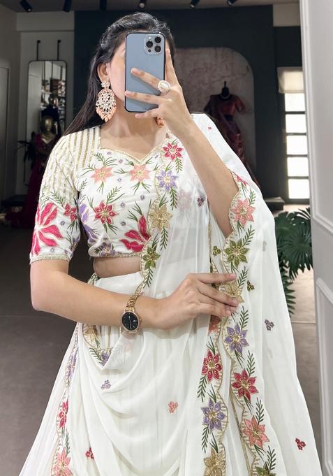 White Embroiderd Georgette Lehenga Set