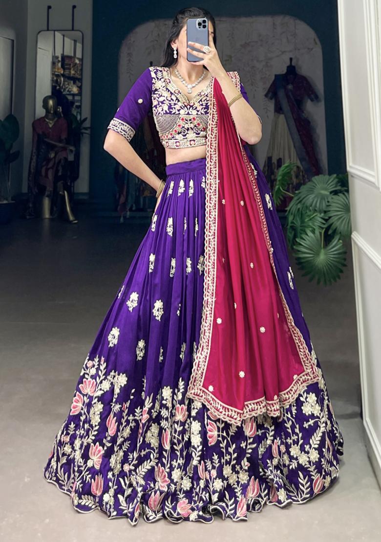 Purple Embroiderd Silk Lehenga Set - Indya