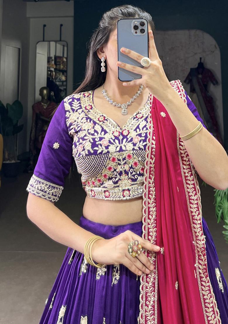 Purple Embroiderd Silk Lehenga Set - Indya