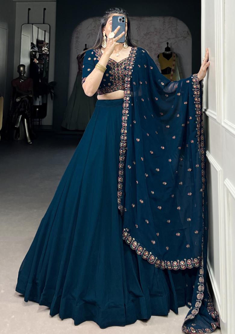 Blue Embroiderd Georgette Lehenga Set - Indya