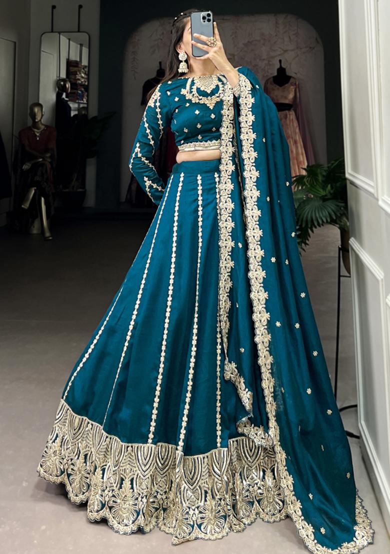 Blue Embroiderd Silk Lehenga Set - Indya