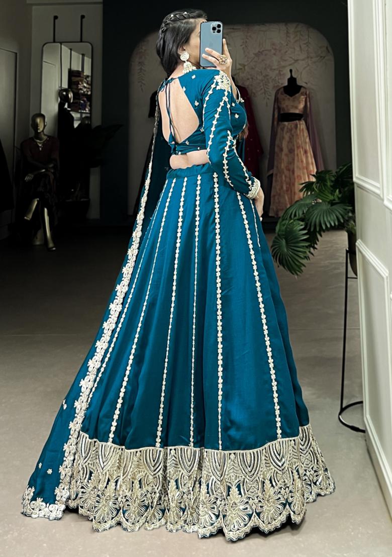 Blue Embroiderd Silk Lehenga Set