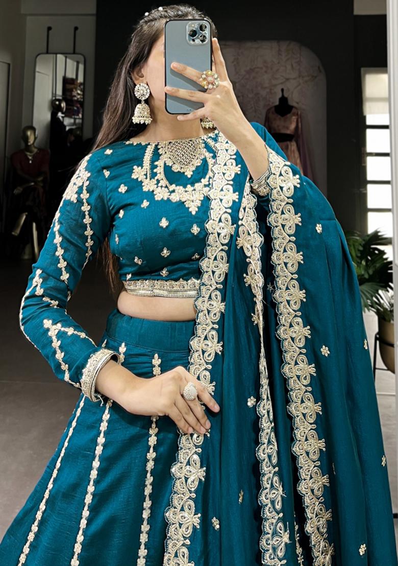 Blue Embroiderd Silk Lehenga Set - Indya