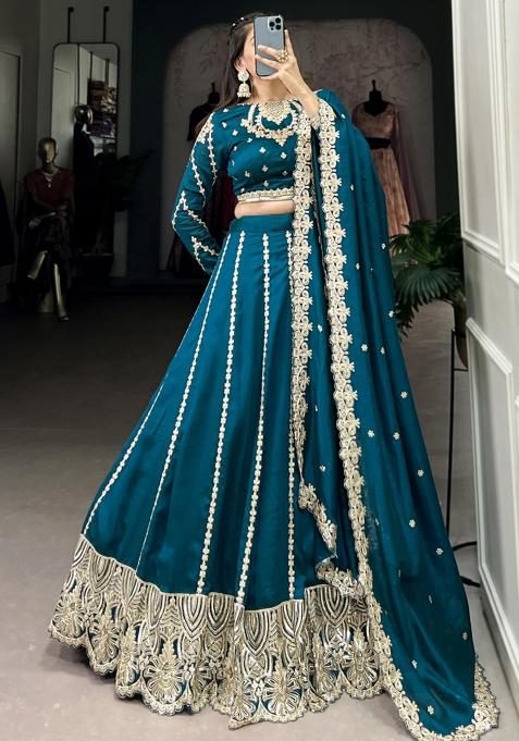 Blue Embroiderd Silk Lehenga Set