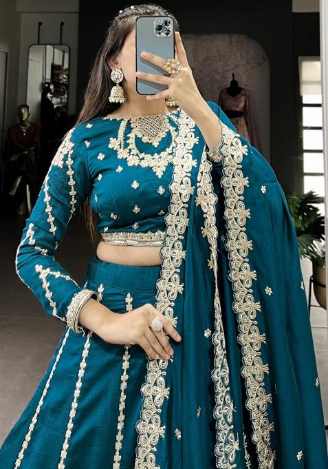 Blue Embroiderd Silk Lehenga Set
