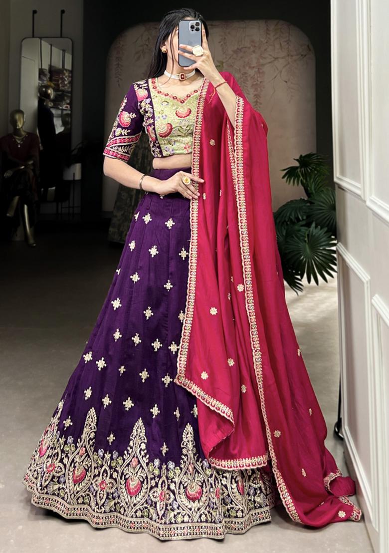 Purple Embroiderd Silk Lehenga Set - Indya
