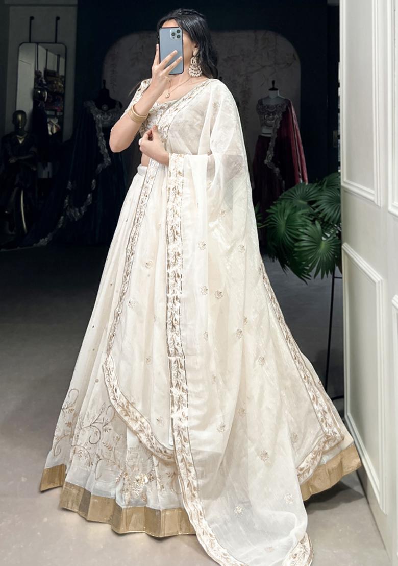White Embroiderd Blended Lehenga Set - Indya