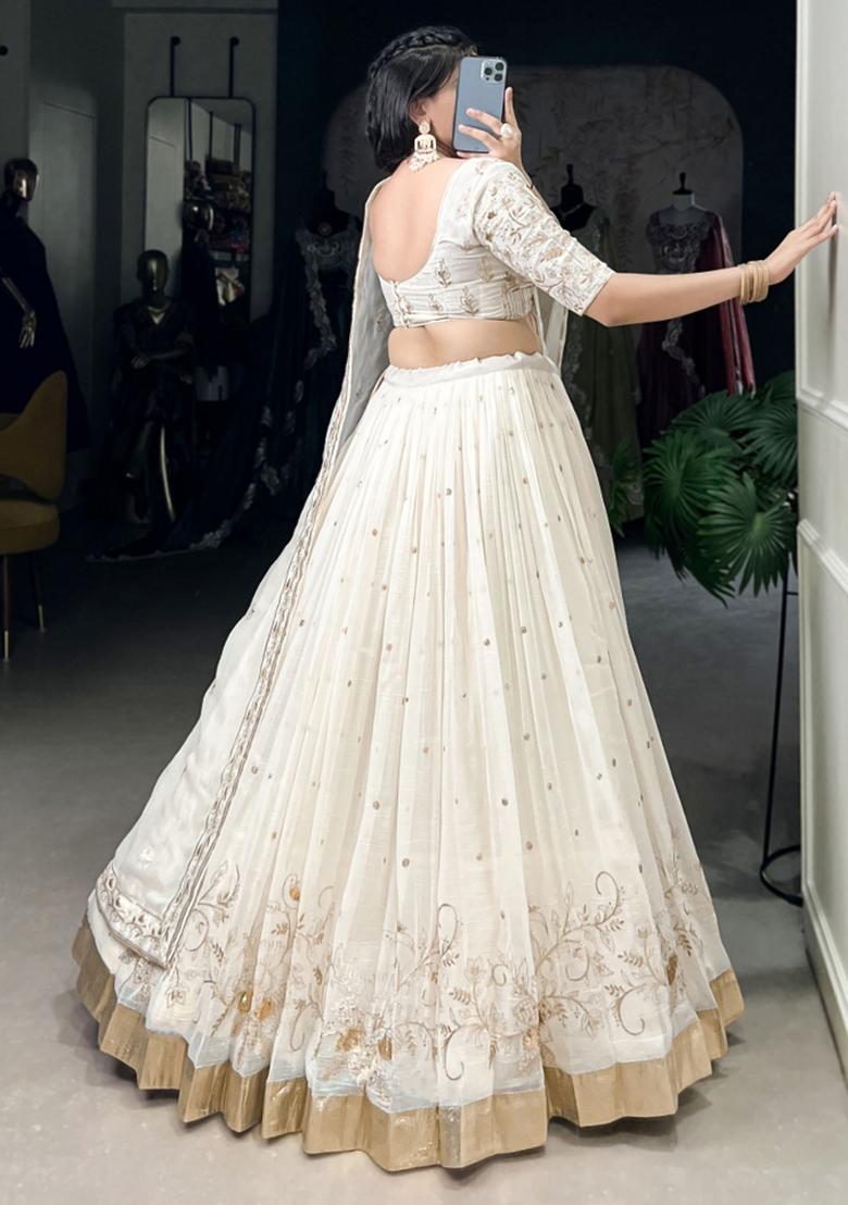 White Embroiderd Blended Lehenga Set - Indya