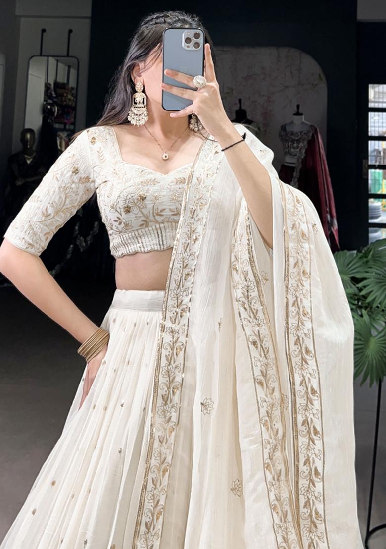 White Embroiderd Blended Lehenga Set