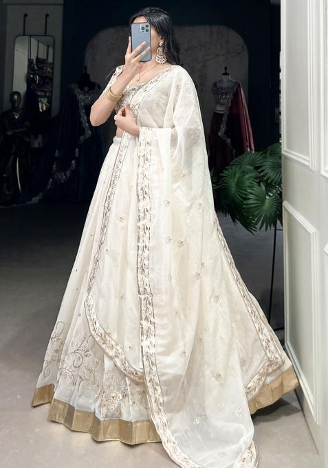 White Embroiderd Blended Lehenga Set