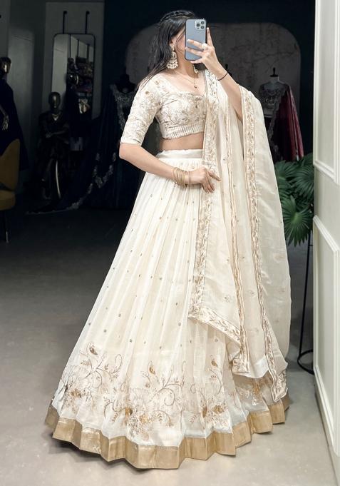 White Embroiderd Blended Lehenga Set