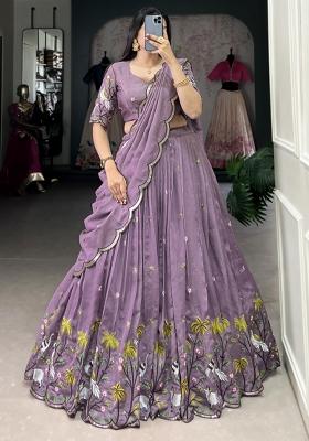 Purple Embroiderd Blended Lehenga Set