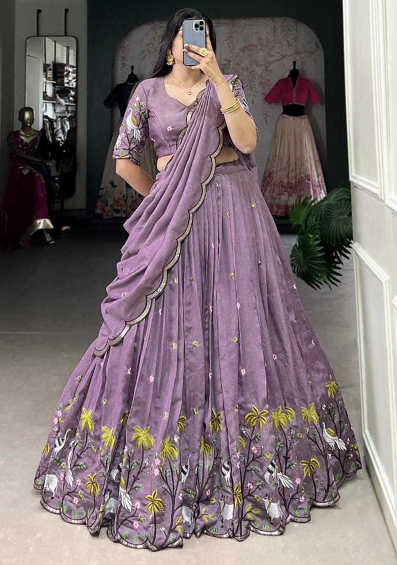 Purple Embroiderd Blended Lehenga Set - Indya