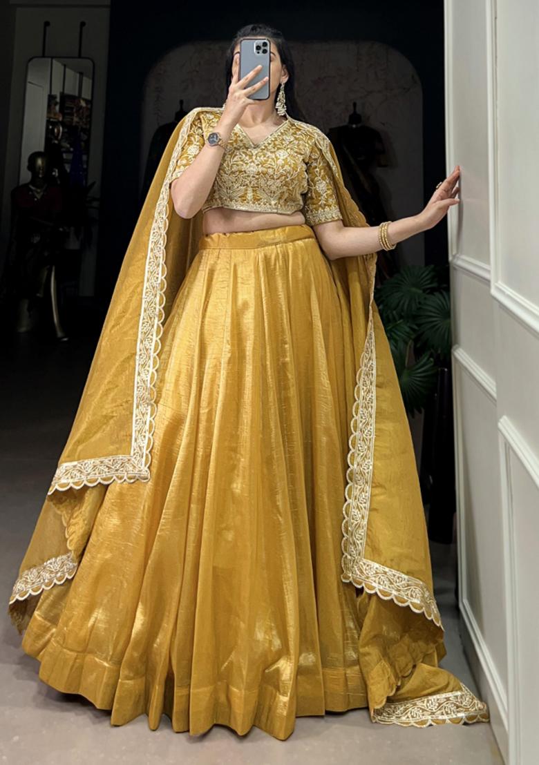 Yellow Embroiderd Blended Lehenga Set - Indya