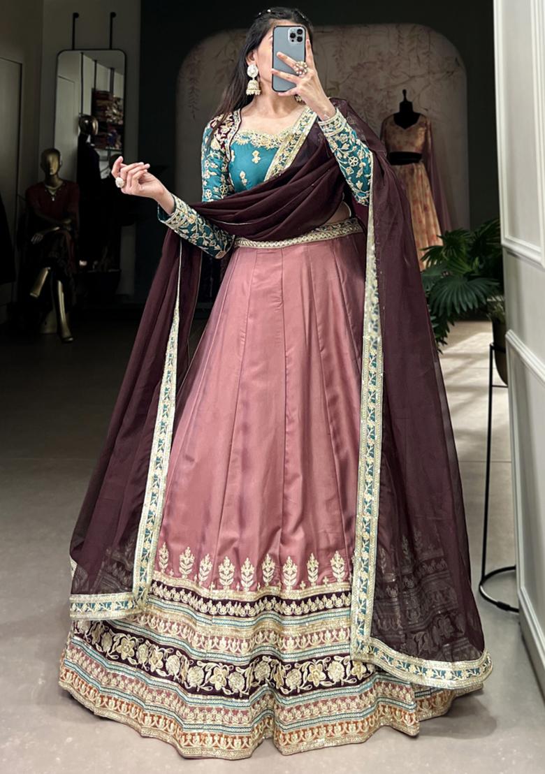 Peach Embroiderd Silk Lehenga Set - Indya