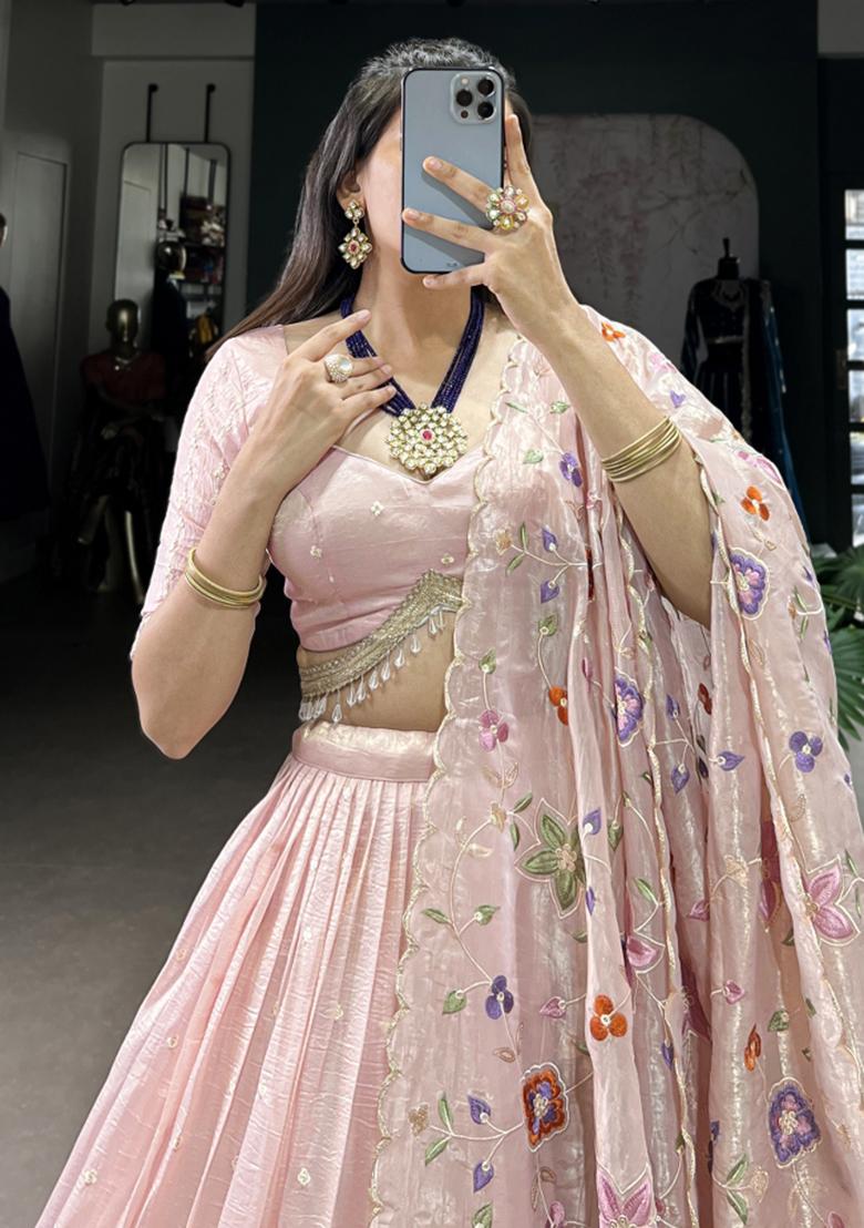 Pink Embroiderd Blended Lehenga Set - Indya