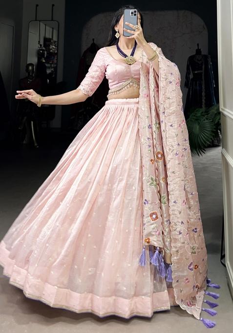 Pink Embroiderd Blended Lehenga Set
