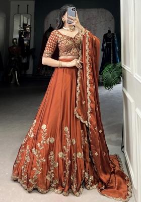 Orange Embroiderd Silk Lehenga Set