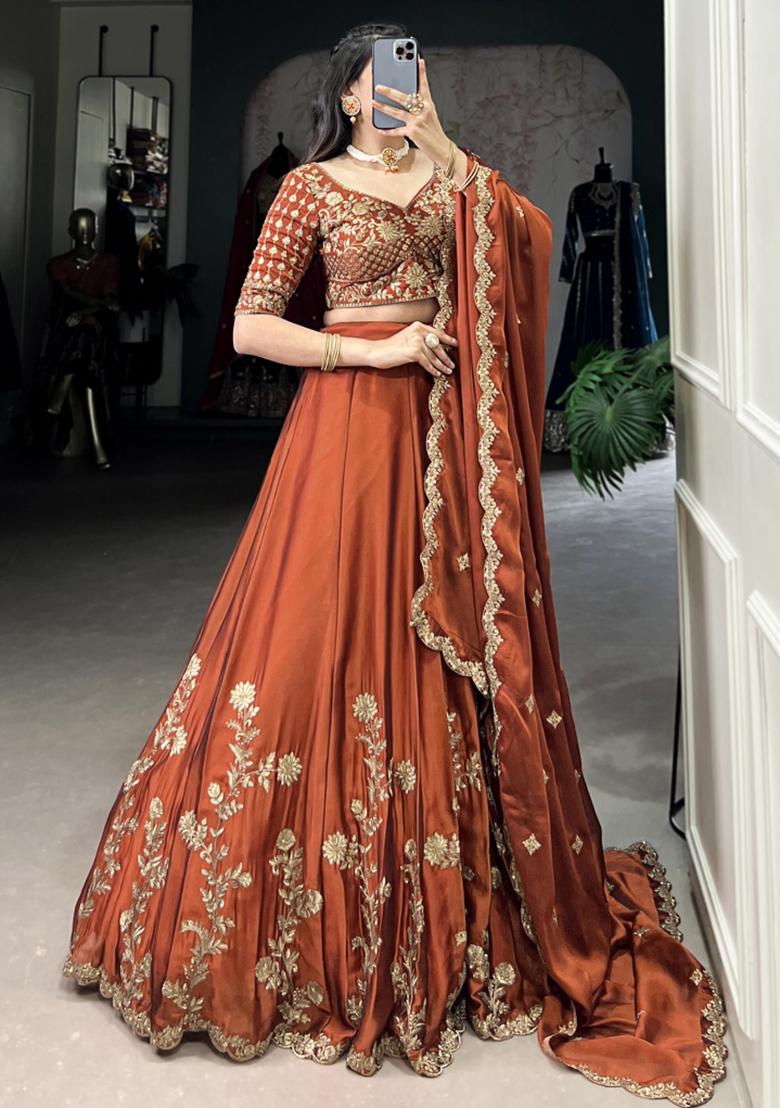Orange Embroiderd Silk Lehenga Set - Indya