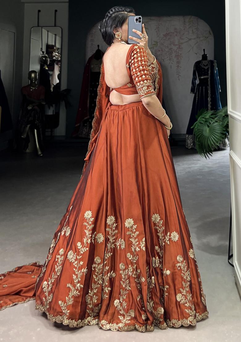 Orange Embroiderd Silk Lehenga Set - Indya