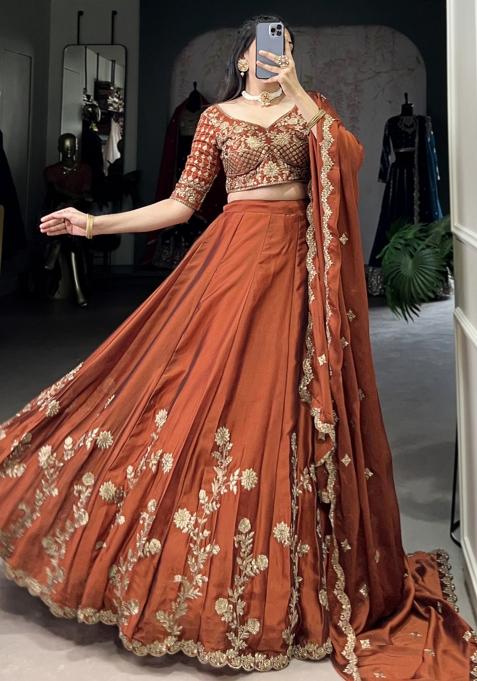 Orange Embroiderd Silk Lehenga Set