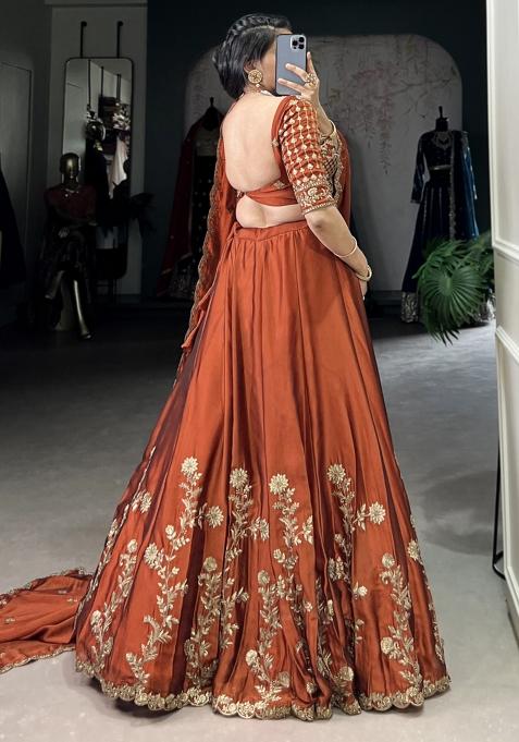 Orange Embroiderd Silk Lehenga Set