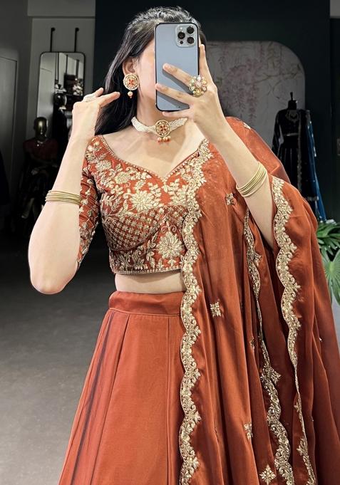 Orange Embroiderd Silk Lehenga Set