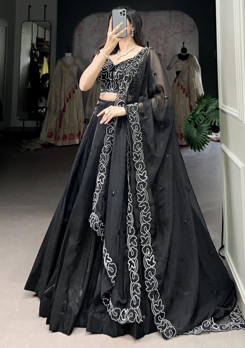Black Embroiderd Blended Lehenga Set - Indya