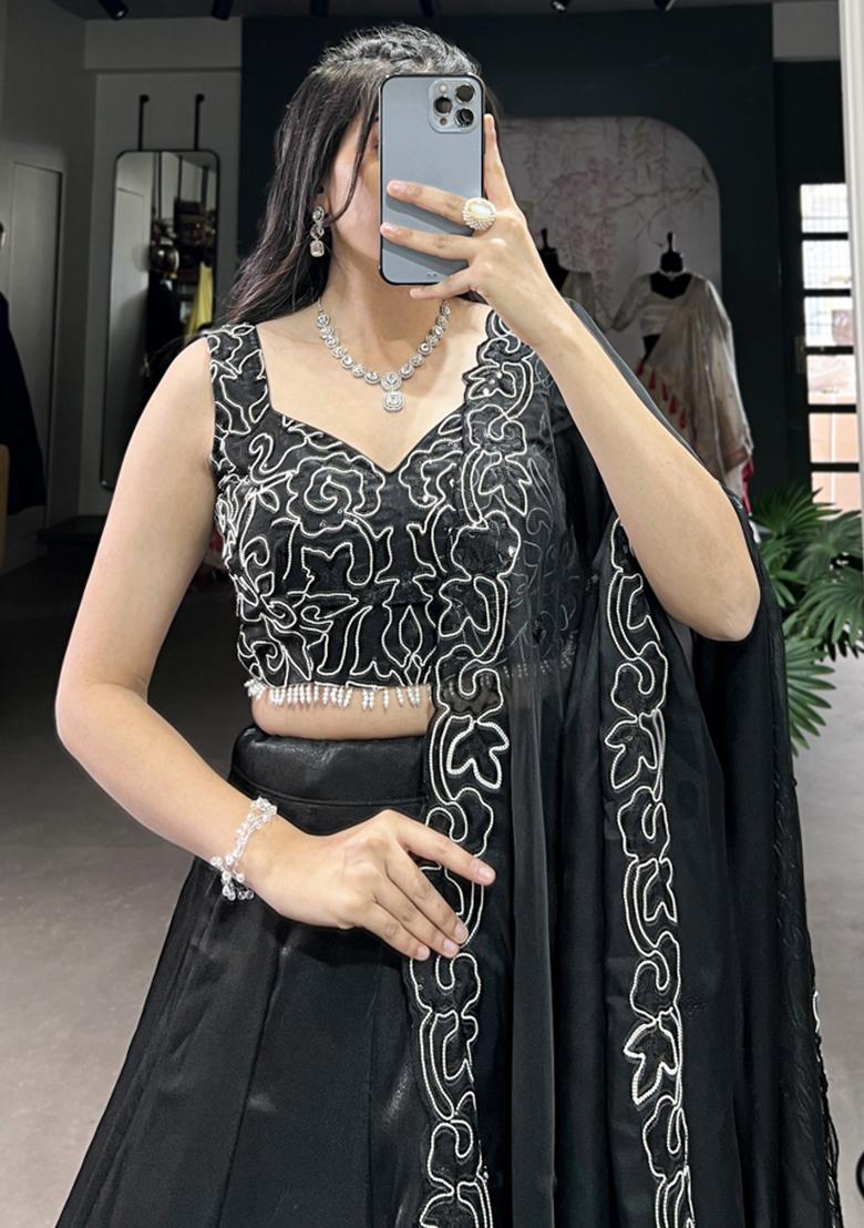 Black Embroiderd Blended Lehenga Set - Indya