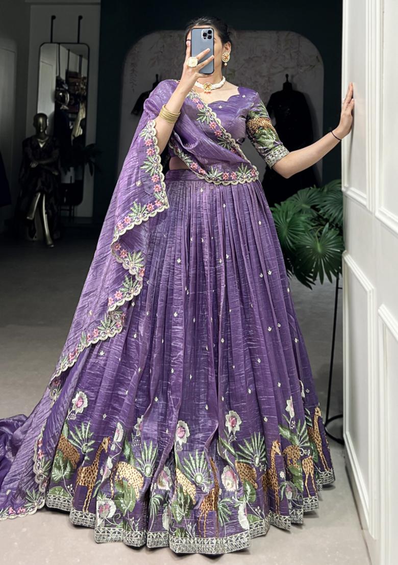 Purple Embroiderd Blended Lehenga Set - Indya