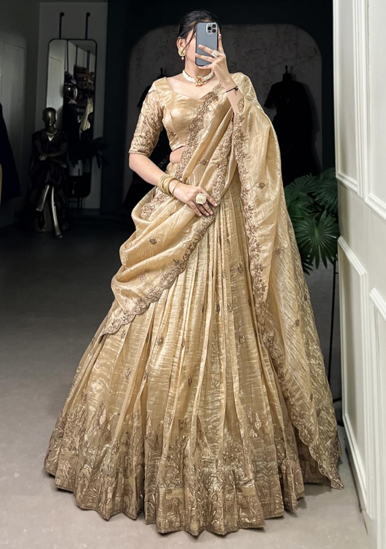 White Embroiderd Blended Lehenga Set - Indya