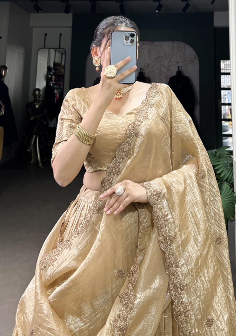 White Embroiderd Blended Lehenga Set - Indya