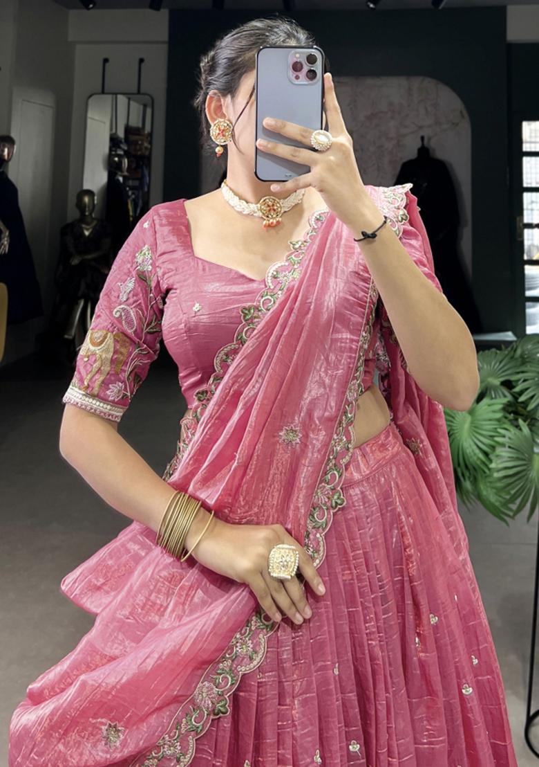 Pink Embroiderd Blended Lehenga Set - Indya