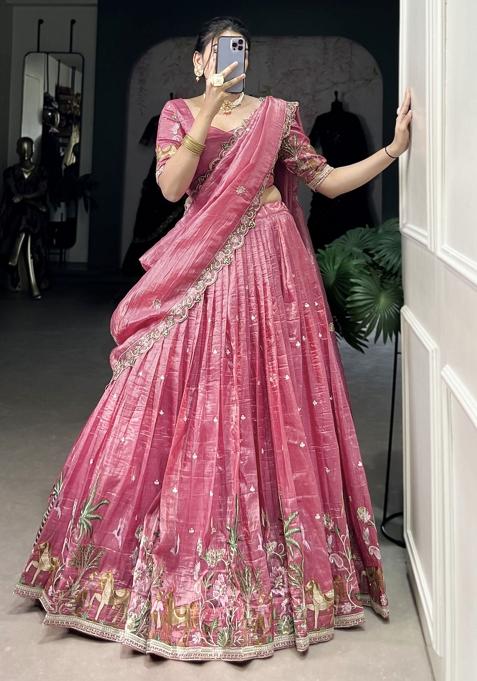 Pink Embroiderd Blended Lehenga Set