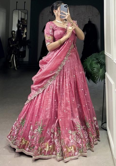 Pink Embroiderd Blended Lehenga Set