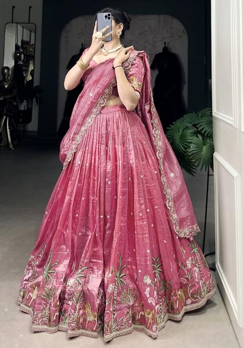 Pink Embroiderd Blended Lehenga Set
