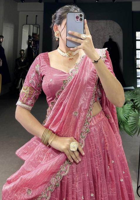 Pink Embroiderd Blended Lehenga Set