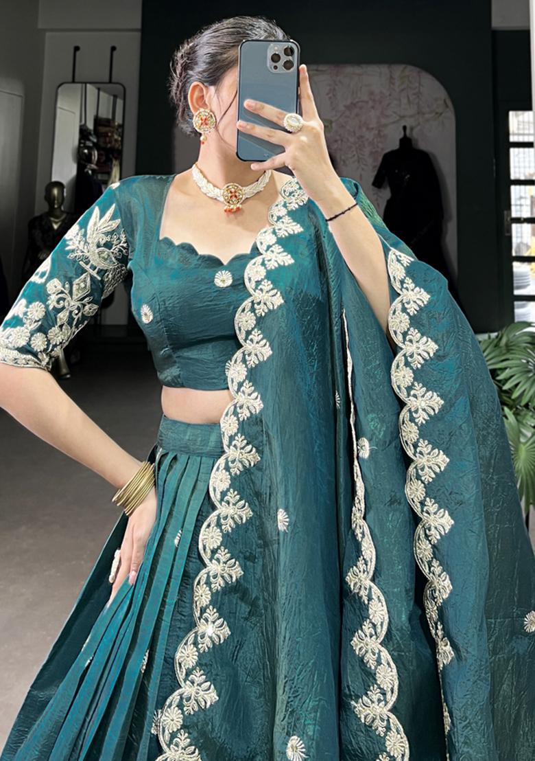 Blue Embroiderd Blended Lehenga Set - Indya