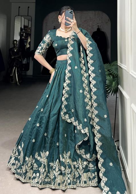 Blue Embroiderd Blended Lehenga Set
