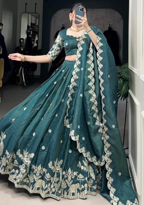 Blue Embroiderd Blended Lehenga Set